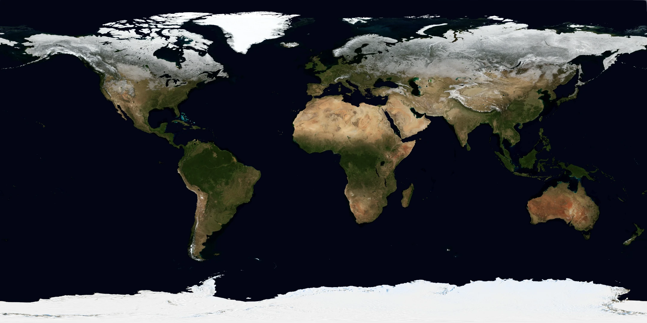 Earth in an equirectangular world map: dark oceans, green forests, pale deserts and white polar regions